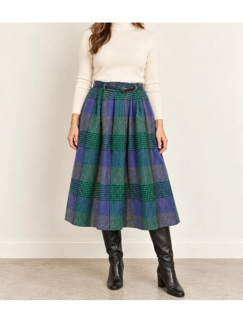 Vintage Wool Blend Plaid Midi Skirt Size 12 Dark Academia Belted